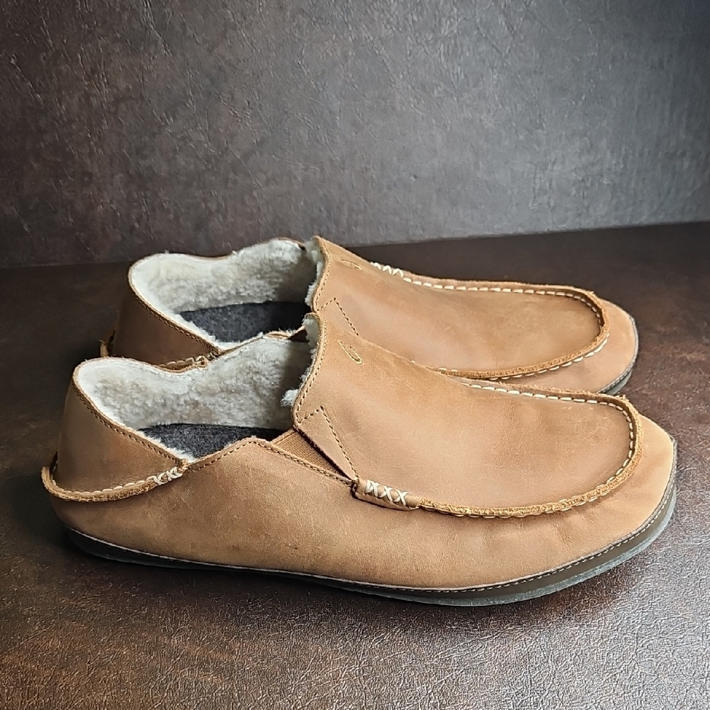 OluKai Moloa Men's Brown Leather Slip-On Loafer Moccasin Slipper Size 12